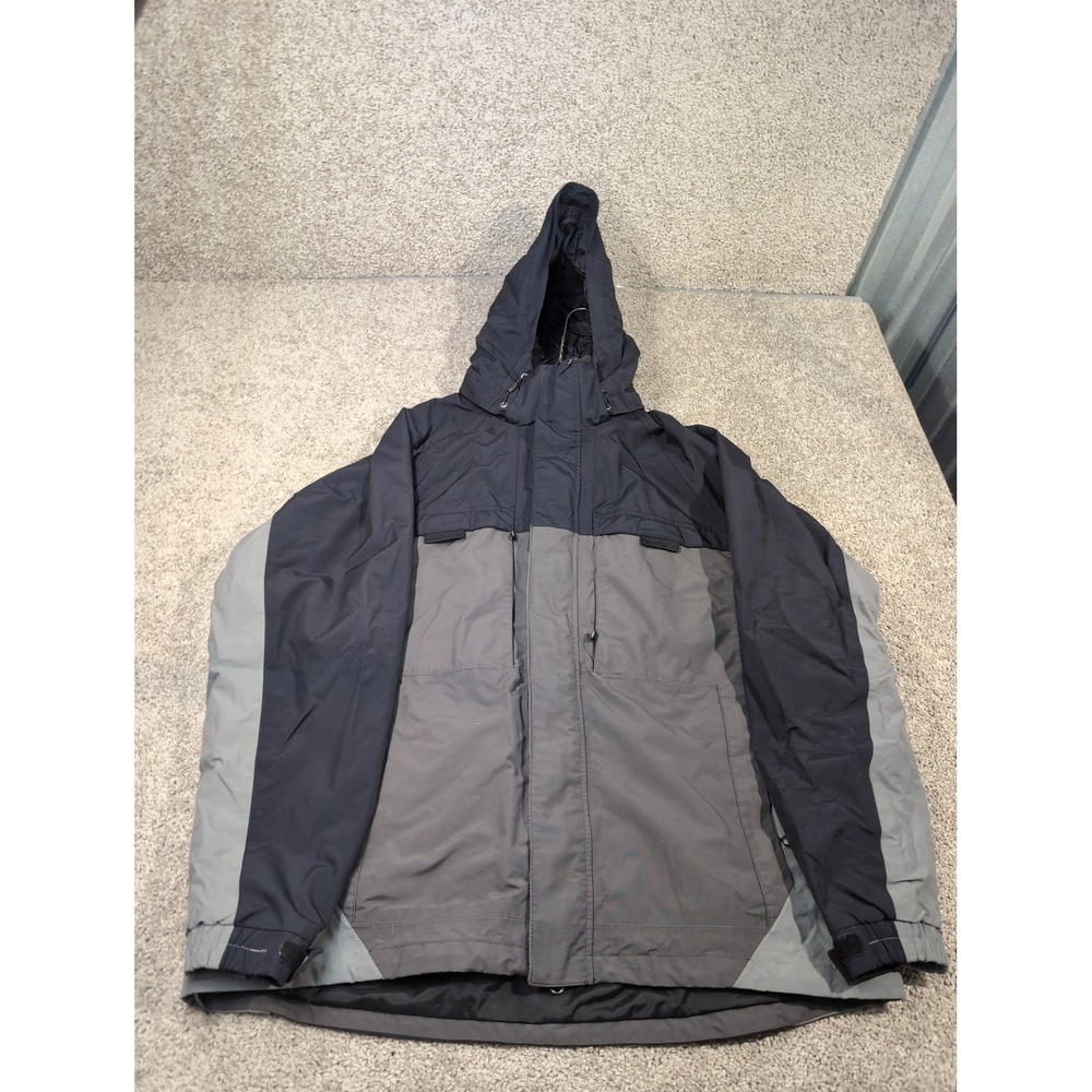 Eddie Bauer WeatherEdge Jacket‎ Mens Large Black Grey Hooded Weatherproof Shell